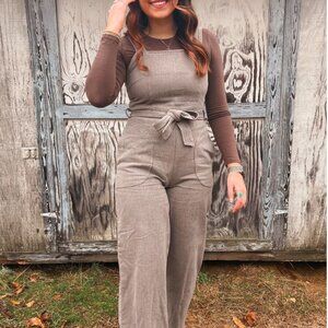 Women's Cotton Denim Overalls | Belted Jumpsuit | Charcoal Brown